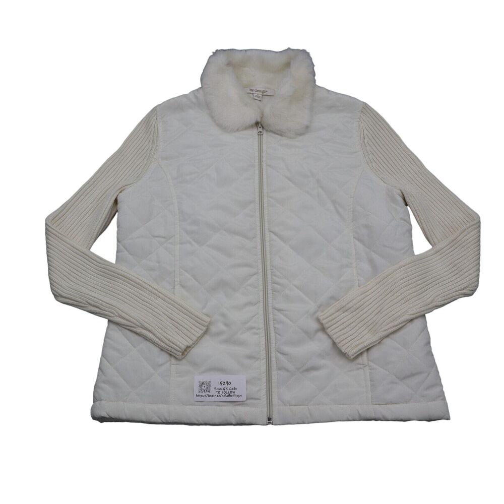 By Design Jackets Womens M White Long Sleeve Quilted Fur Trim Full Zip Puffers